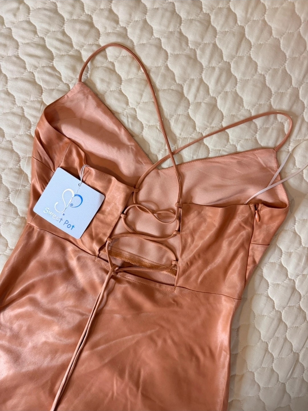 Peach Satin Lace-Up Slip Dress
